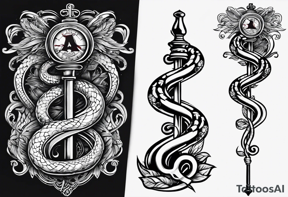 rod of asclepius type 1 diabetic tattoo with a snake wrapped around the staff. The staff to be an old school syringe with blue liquid tattoo idea