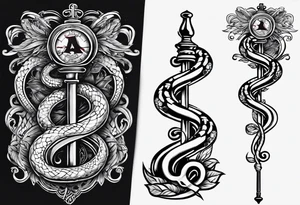 rod of asclepius type 1 diabetic tattoo with a snake wrapped around the staff. The staff to be an old school syringe with blue liquid tattoo idea