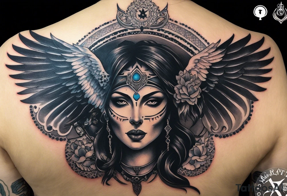 black kali, goddess pirate, alien, angel, pachamama, valkrye, warrior, flying, skull, lotus azul, wing, eagle, zenza resonance, stars, 5D, anahata chakra, death, durga, riding on a tiger, flying lady, chest tatoo tattoo idea
