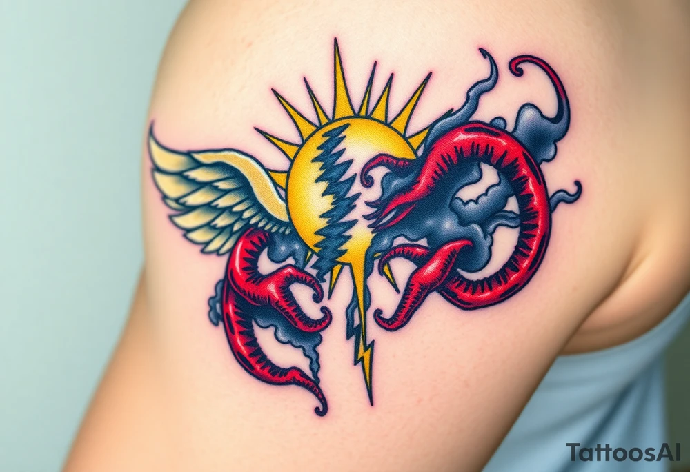 A shining golden angelic halo, surrounded by light and rays of peace, clashing with red, twisted horns curling from the opposite side, dark and menacing, with smoke and shadows, symbolizing a battle between holiness and temptation. tattoo idea