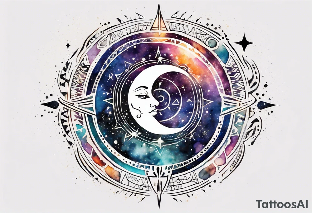 Shoulder to shoulder, moon phase, Tribal Tattoo design that depicts with tribal patterns, geometric swirls, mesmerizing blend of vibrant watercolor splatter, stars, and galaxies, dreamy and otherworldly effect, solar system,astronomy tattoo idea