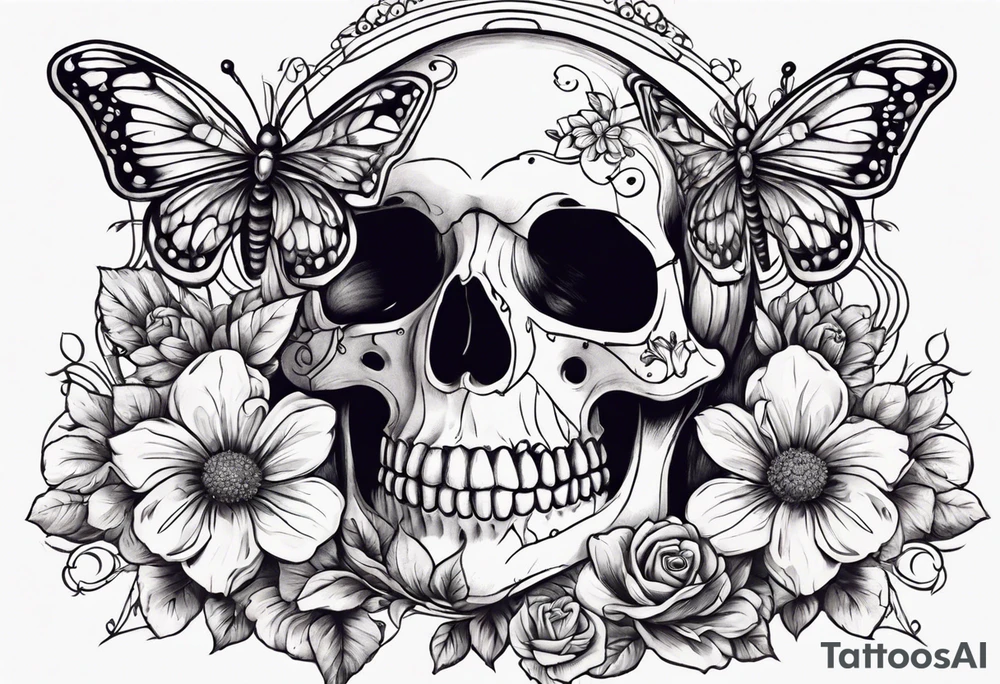 skeleton with body and flowers around it vintage sketch pretty and butterflies tattoo idea