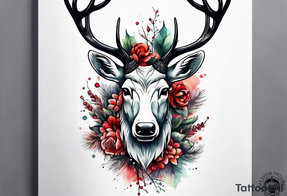 back tattoo of a front view reindeer with half the face as a skull tattoo idea
