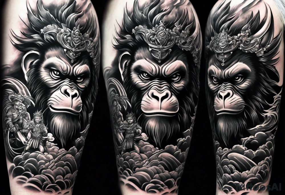 create a full arm sleeve tattoo containing a combinatin of the following; the monkey king with weapon, a japanese dragon, and
 shrouded mother holding a baby tattoo idea