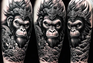 create a full arm sleeve tattoo containing a combinatin of the following; the monkey king with weapon, a japanese dragon, and
 shrouded mother holding a baby tattoo idea