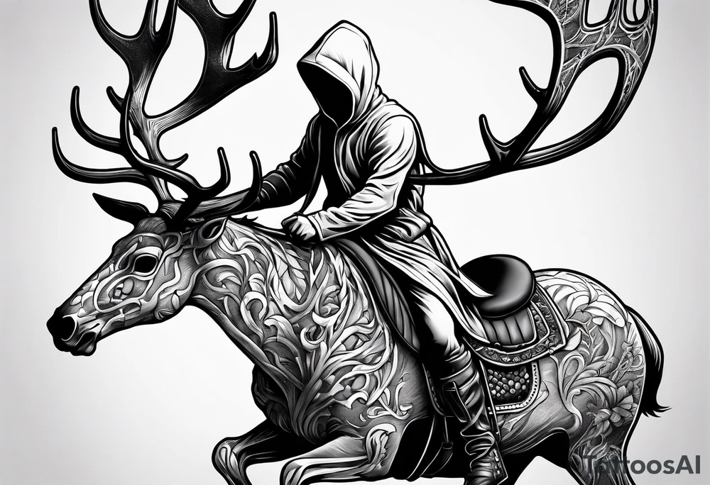 Hooded figure riding on a reindeer skeleton tattoo idea