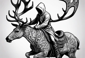 Hooded figure riding on a reindeer skeleton tattoo idea
