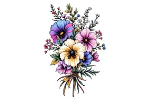 Beautiful Bouquet made up of Heather, pansy, oak, queen Anne’s lace, and honeysuckle. tattoo idea