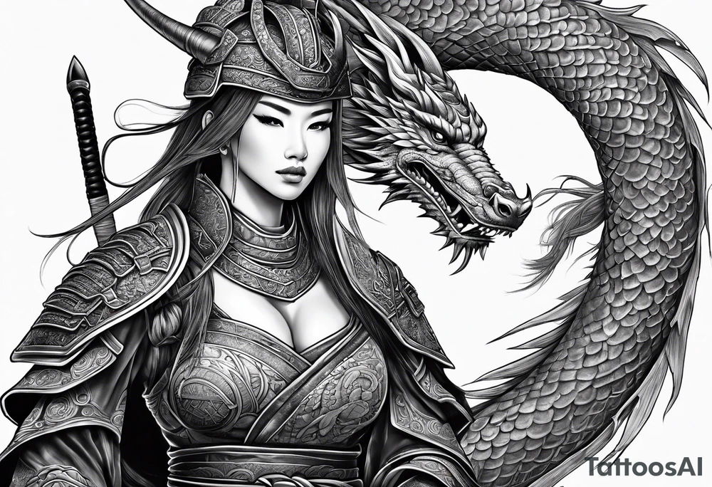 head to toe full body female warrior in samurai suit and dragon companion tattoo idea