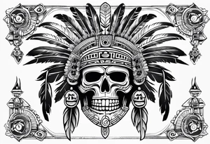 aztec god of death Mictlantecuhtli with long feathers around his head and skull as a head tattoo idea