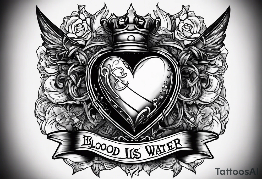 Heart pierced with daggers with a banner saying “blood is thicker than water “ tattoo idea