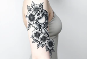 Hourglass climbing roses with sunflowers dragon peeking through tattoo idea