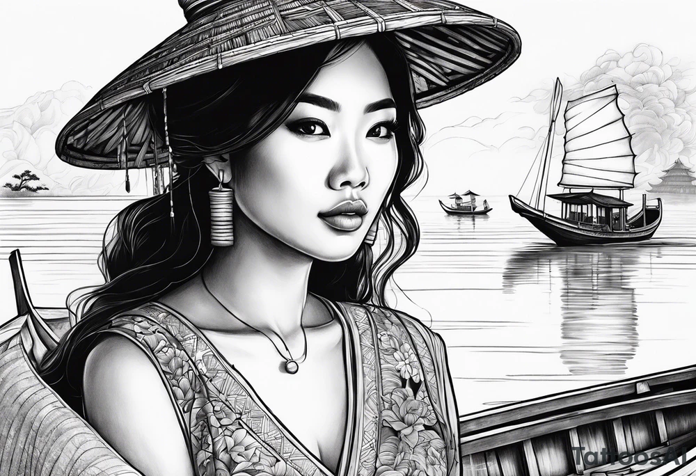 vietnamese lady on boat, water, lanterns, sunset tattoo idea