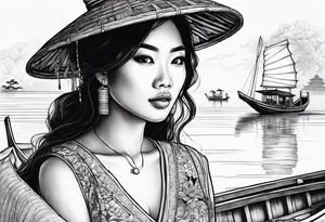 vietnamese lady on boat, water, lanterns, sunset tattoo idea