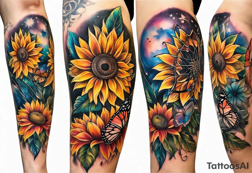 Quarter Leg sleeve with dreamcatcher, rainbow sunflowers and one butterfly tattoo idea
