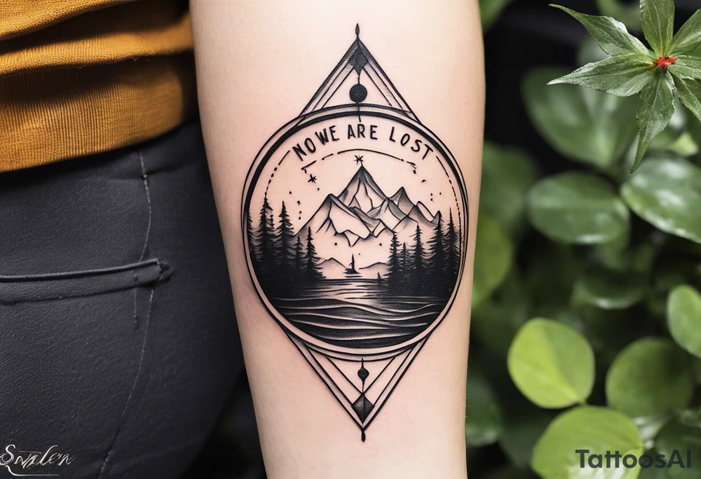 A half sleeve tattoo that features the quote **"Not all who wander are lost"** in elegant script on the outer forearm. Surrounding it are a compass rose and flowing elements like mountains, waves, and trees, symbolizing adventure and nature. Small travel icons like a plane and backpack are interspersed, enhancing the theme of exploration. The design uses a dynamic look that wraps naturally around your forearm. tattoo idea