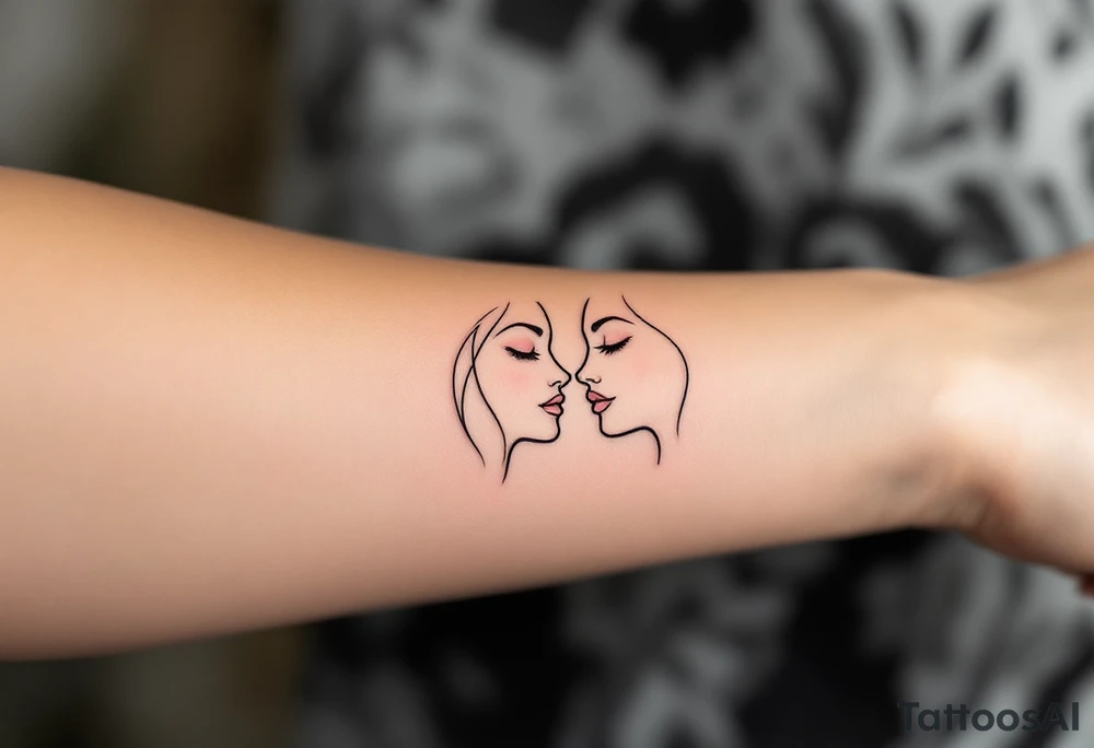 A continuous line drawing of twin faces, flowing together in a smooth and modern design with subtle pastel highlights with word "gemini" tattoo idea