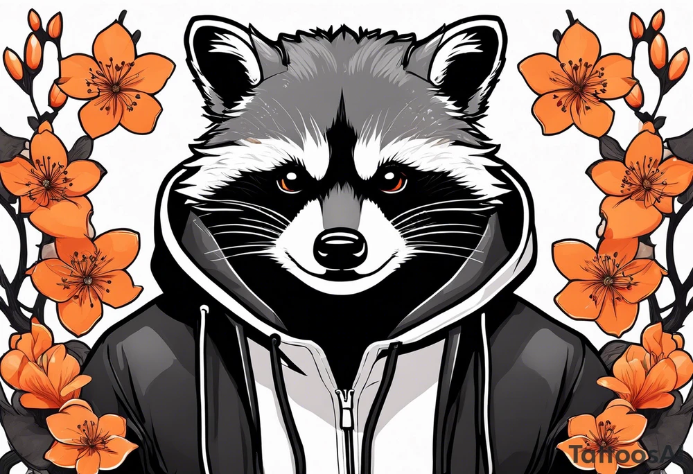 Raccoon wearing a white Superman logo on a black hoodie and orange Japanese cherry blossoms tattoo idea