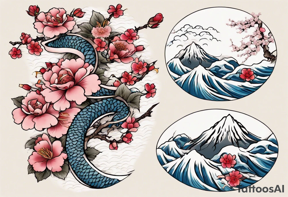 Japanese floral cherry blossom and snow mountains back ground filler for traditional Chinese dragon and great waves and rose and butterfly tattoo tattoo idea