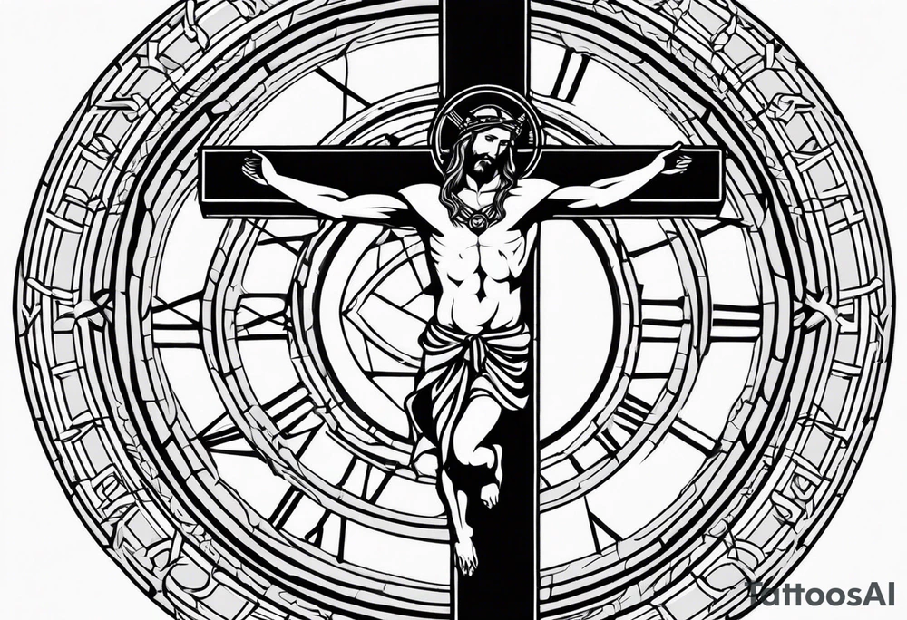 Circle made with Roman numerals, with a crucified man inside the circle tattoo idea