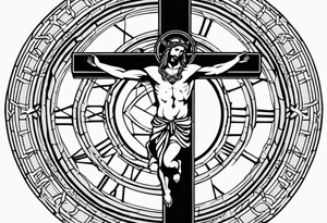 Circle made with Roman numerals, with a crucified man inside the circle tattoo idea