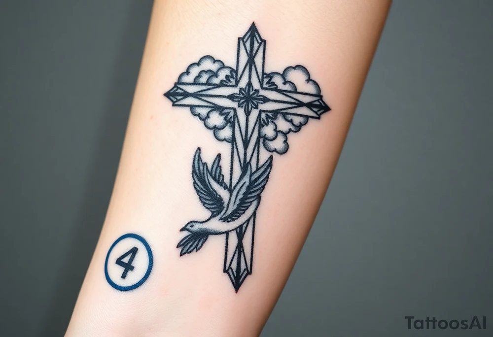 Big cross with clouds in the back everywhere  with a dove a the bottom left of the forearm with a blue circle ring it and the number 4 to the of the dove. cover the whole forearm tattoo idea