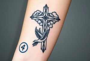 Big cross with clouds in the back everywhere  with a dove a the bottom left of the forearm with a blue circle ring it and the number 4 to the of the dove. cover the whole forearm tattoo idea