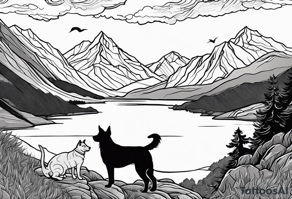 nature, sunset, mountains, a father and son hiking with their dog and cat and a cross tattoo idea