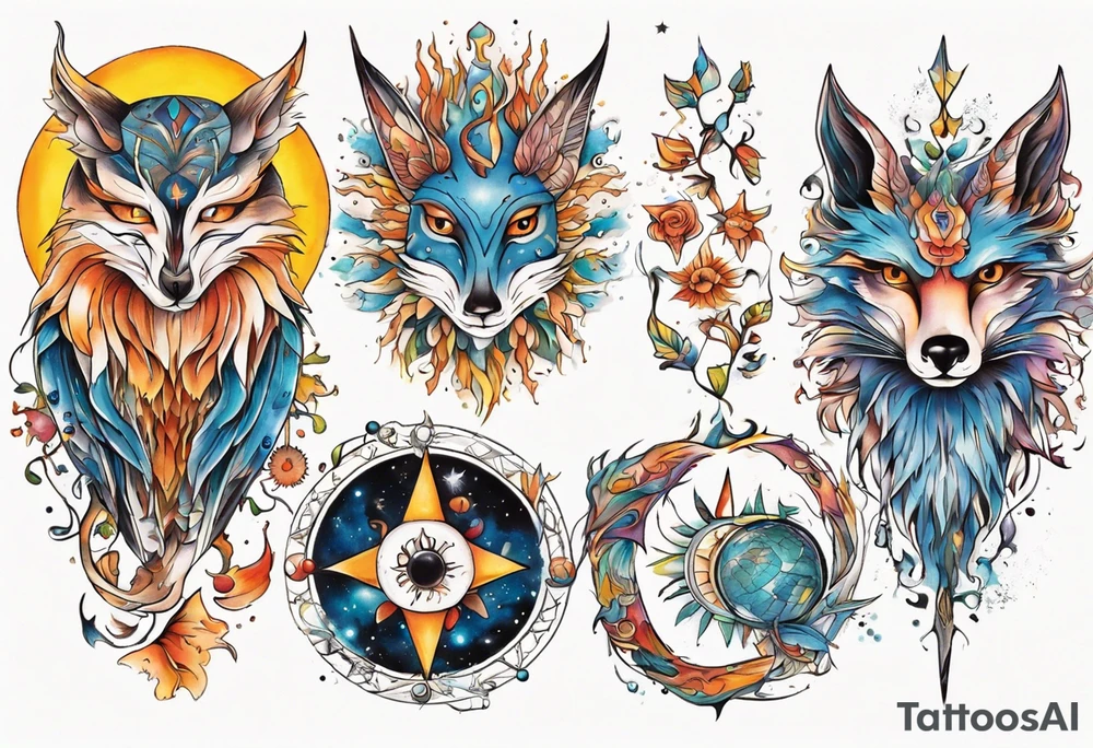 fisch, fuchs und eule , symetrie  sonne, universum, bunt, " sapere aude" tattoo idea