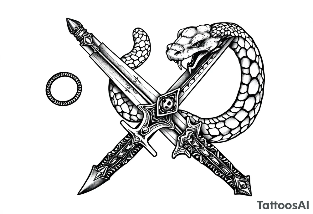 mystical snake coiled around an ancient dagger with jeweled hilt tattoo idea