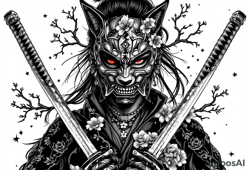 Woman samurai with red eyes wearing an half and broken kitsune mask, holding 
two katana and Sakura flowers ornement tattoo idea