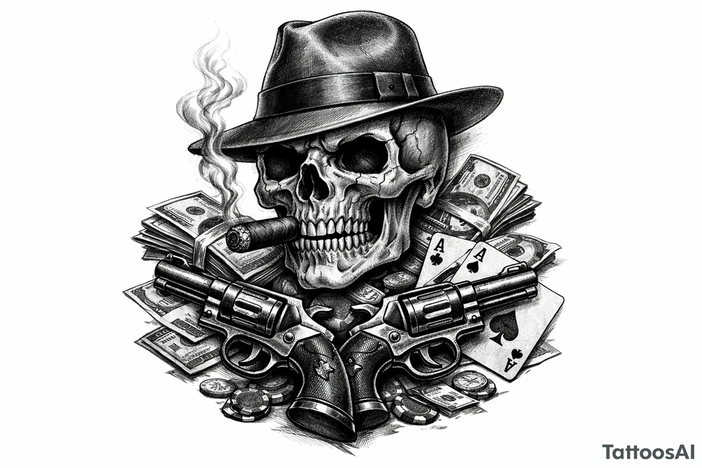 A black and grey skull with a fedora, cigar, and crossed revolvers, with scattered money and cards. tattoo idea