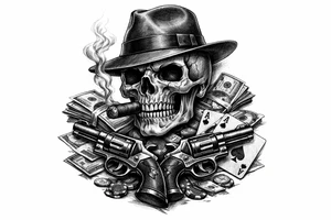 A black and grey skull with a fedora, cigar, and crossed revolvers, with scattered money and cards. tattoo idea