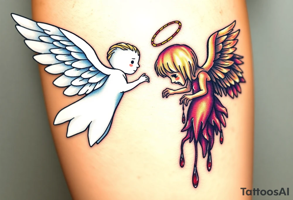 one angel, with brilliant white wings that shine with golden accents ageinst fallen angel, whose wings are tattered and darkened with deep purples, reds, and blacks, dripping with sorrowful tears of blood. tattoo idea