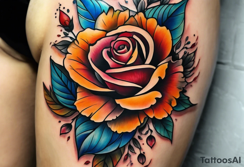 Front knee tattoo with fall colors, small flowers, rose, leaves, blue water flows with washes and background tattoo idea