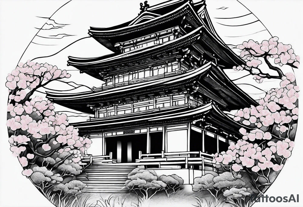 Cherry blossom leaves surrounding a japanese temple tattoo idea