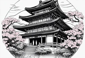 Cherry blossom leaves surrounding a japanese temple tattoo idea
