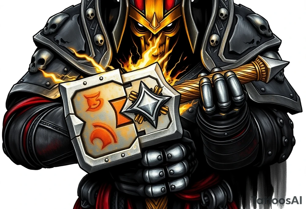 Warhammer, the Old World. A warrior priest of Sigmar holding "The Warhammer of Sigmar" or known as Ghal Maraz. The Warhammer of Sigmar is radiating thunderous energy. The warhammer is held by the warrior priest with both gripping hands at the shaft, upon his chest level. The Warrior priest is wearing dark alloyed heavy armour (reference armor from warhammer vermintide 2 Victor Saltzpyres, the warrior priest of Sigmar class) with skull sigils on his shoulder pads. The warrior priest is wearing a helmet, while the helmets front visor has an humanoid metal face covering. The helmet and armour are gladened with hints of gold and crimson red. The Warhammer is silverish and golden with a long shaft with twisted carvings. tattoo idea