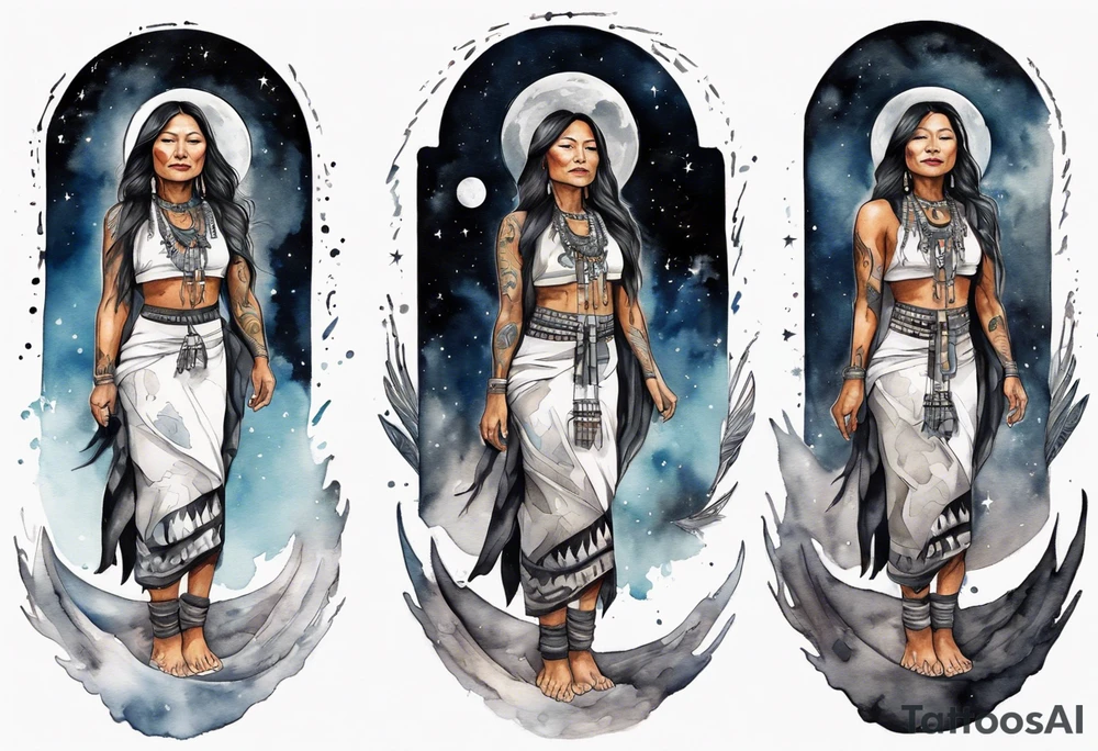 a beautiful 40-year-old Anishinaabe woman wearing black and white robes standing on the moon tattoo idea