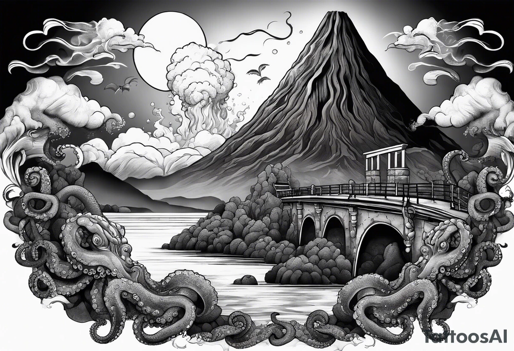 Octopus, volcano eruption, broken bridge tattoo idea