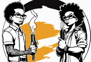 huey and riley from the boondocks, huey holding a torch with his fist up and riley holding a gun tattoo idea