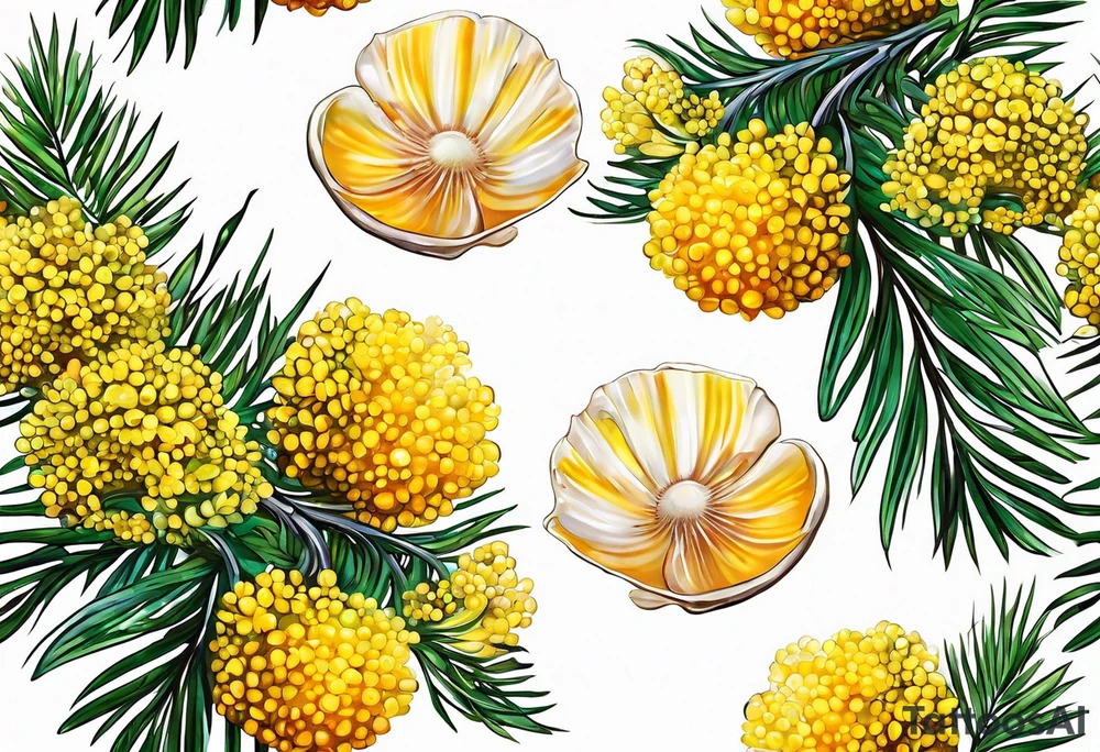 2 mimosa tree blossoms floating with bivalve shells mixed in creating movement and representing cape may new jersey tattoo idea