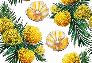 2 mimosa tree blossoms floating with bivalve shells mixed in creating movement and representing cape may new jersey tattoo idea