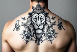 powerful majestic lion with a crown, surrounded by floral ornaments and birds tattoo idea