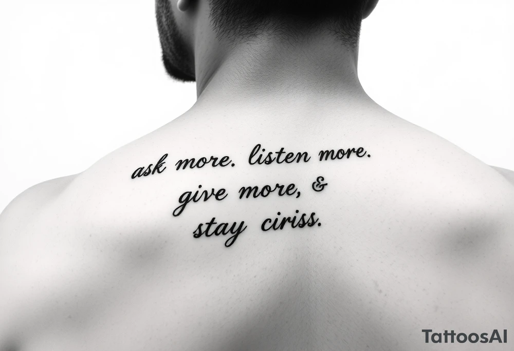 a tattoo on a man's front left clavicle that reads ask more. listen more. give more. love first. stay curious. tattoo idea