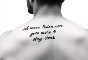 a tattoo on a man's front left clavicle that reads ask more. listen more. give more. love first. stay curious. tattoo idea
