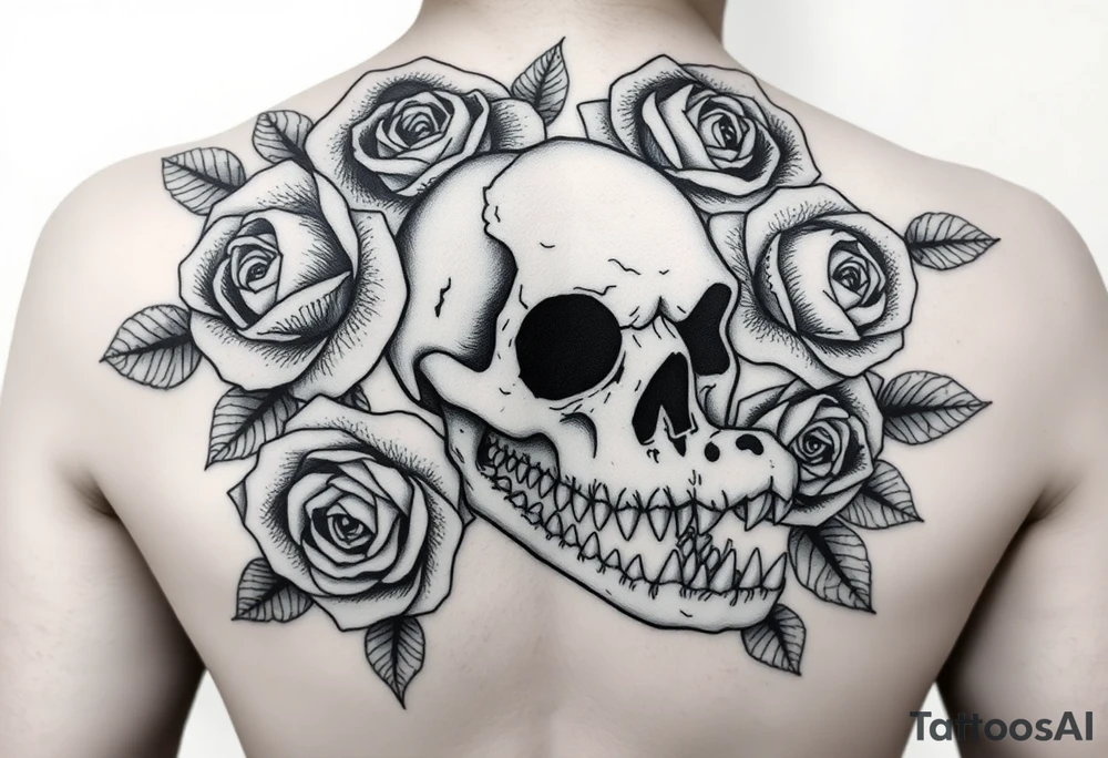 .
dreamy gothic bloom vibe, rose-heavy with dark edges. Imagine swapping the face for your skull, add the gator's tail curling up from the bottom like it's guarding the petals. has the blackwork feel—clean lines, thorny roses, easy to layer an alligator jaw underneath. tattoo idea