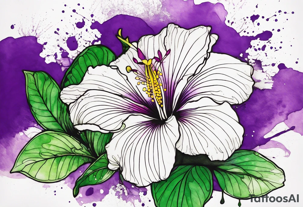 An outline of a rio dipladenia flower with a green and purple watercolor splash in the background tattoo idea