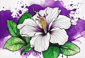 An outline of a rio dipladenia flower with a green and purple watercolor splash in the background tattoo idea