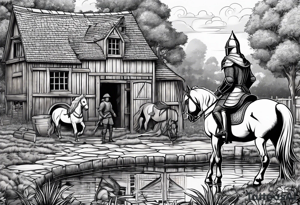 a knight kneeling with an old farm in the background and horses in the netherlands and a swimmingpool and an airfryer tattoo idea